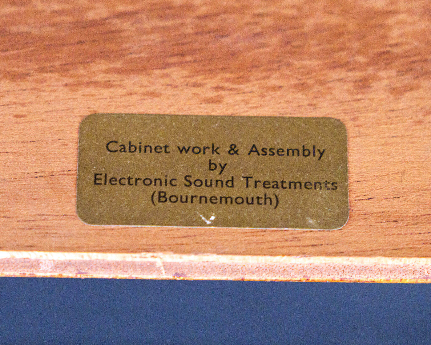 Cabinet badge crediting Electronic Sound Treatments of Bournemouth